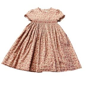 Luli & Me Green and Red Floral Smocked Cotton Dress Size 8